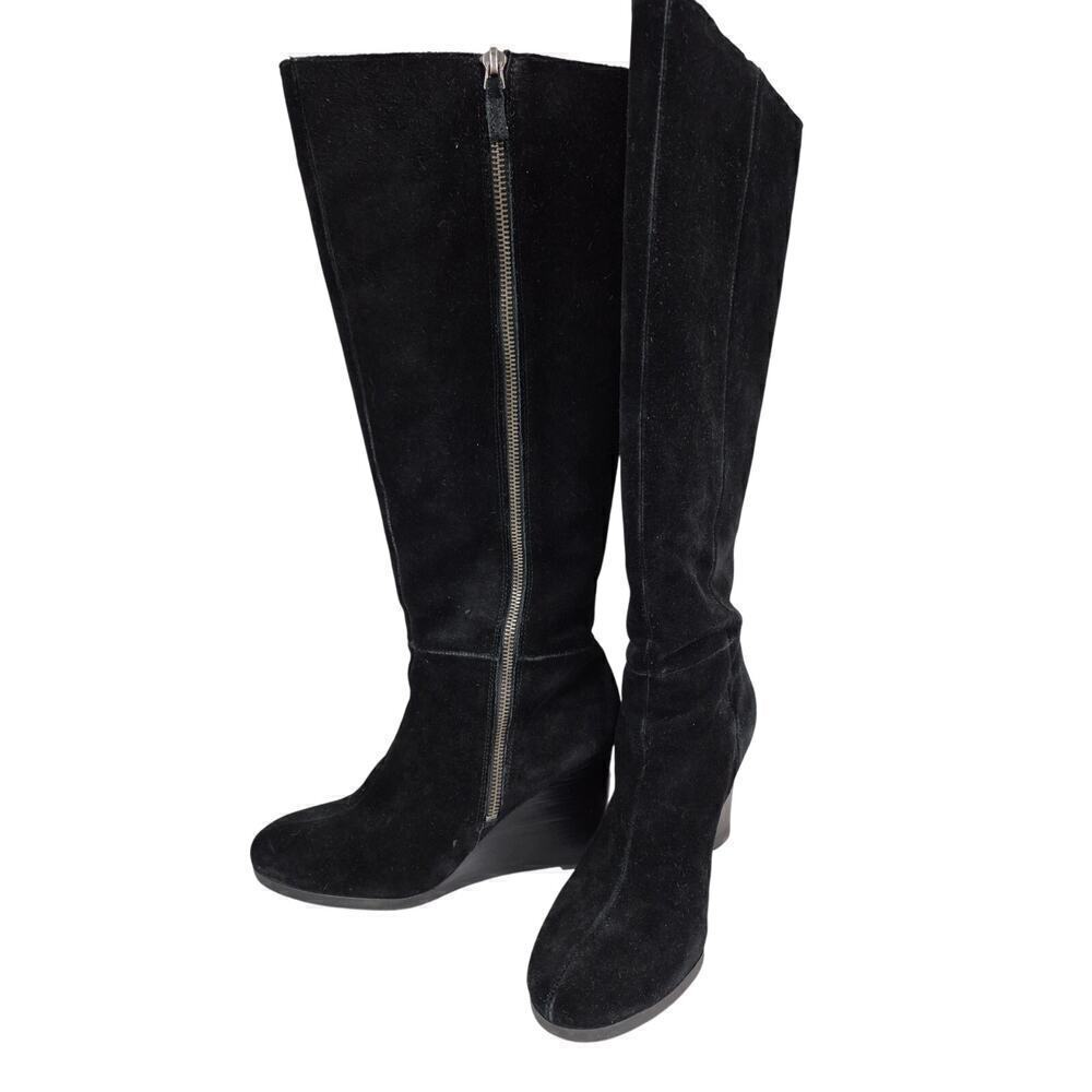 Franco Sarto Watch  Black Leather Suede Dress Boots High Wedge Heels Women Sz 9